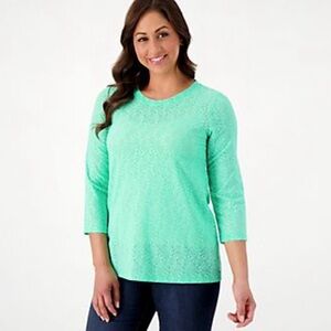 LOGO‎ Layers by Lori Goldstein Stretch Floral Lace Green 3/4 Sleeve Top Large